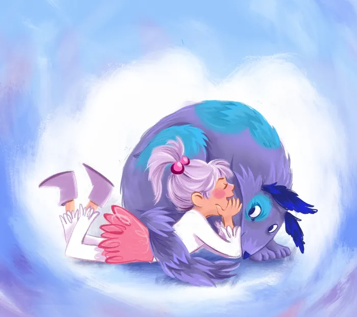 Girl with white hair hugging a blue donkey by Katharina Madesta