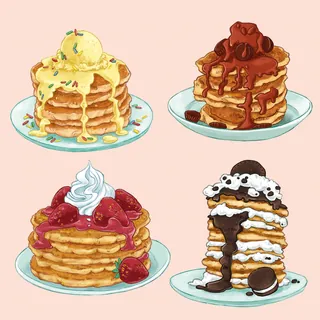 Four stacks of gourmet pancakes with ice cream, chocolate, strawberries, and cookies by Katharina Ma