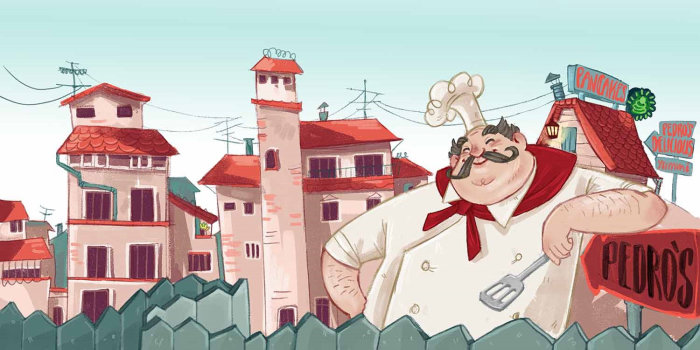 Character Design chef in front of building