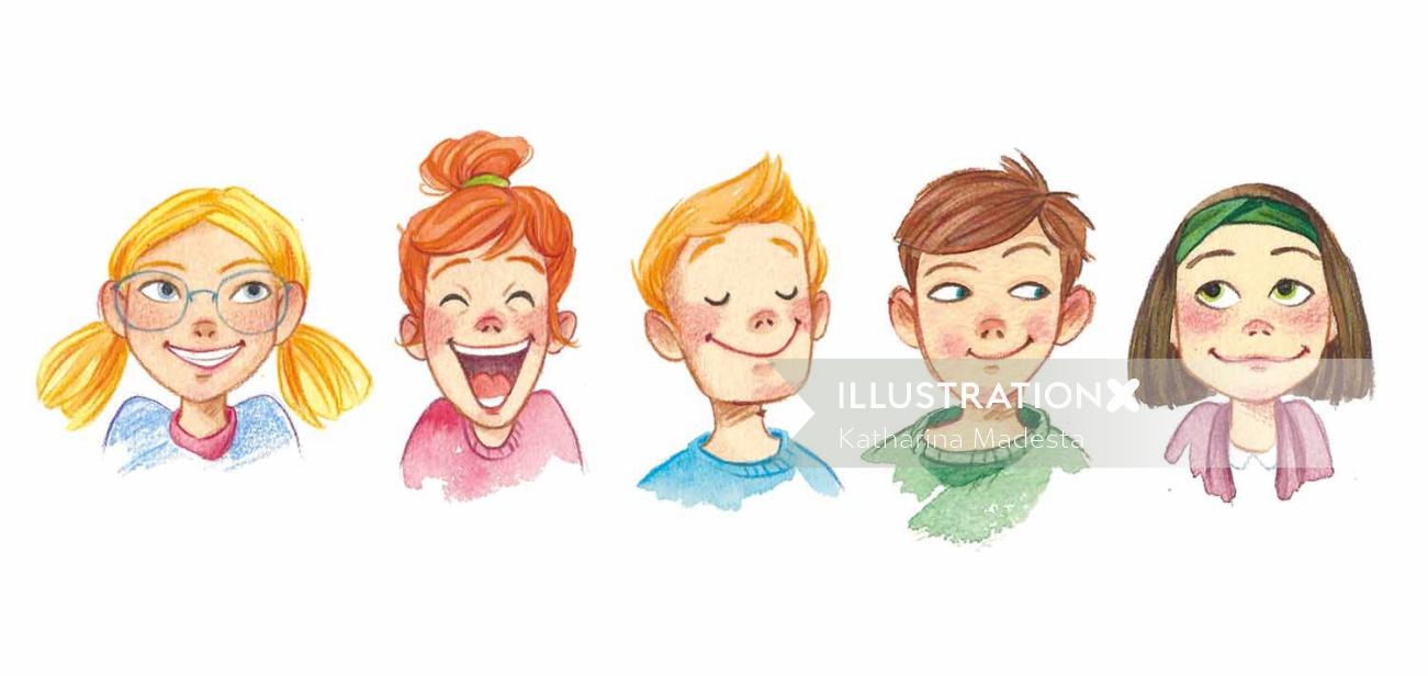 Desenhos animados e expressões faciais de humor de crianças
