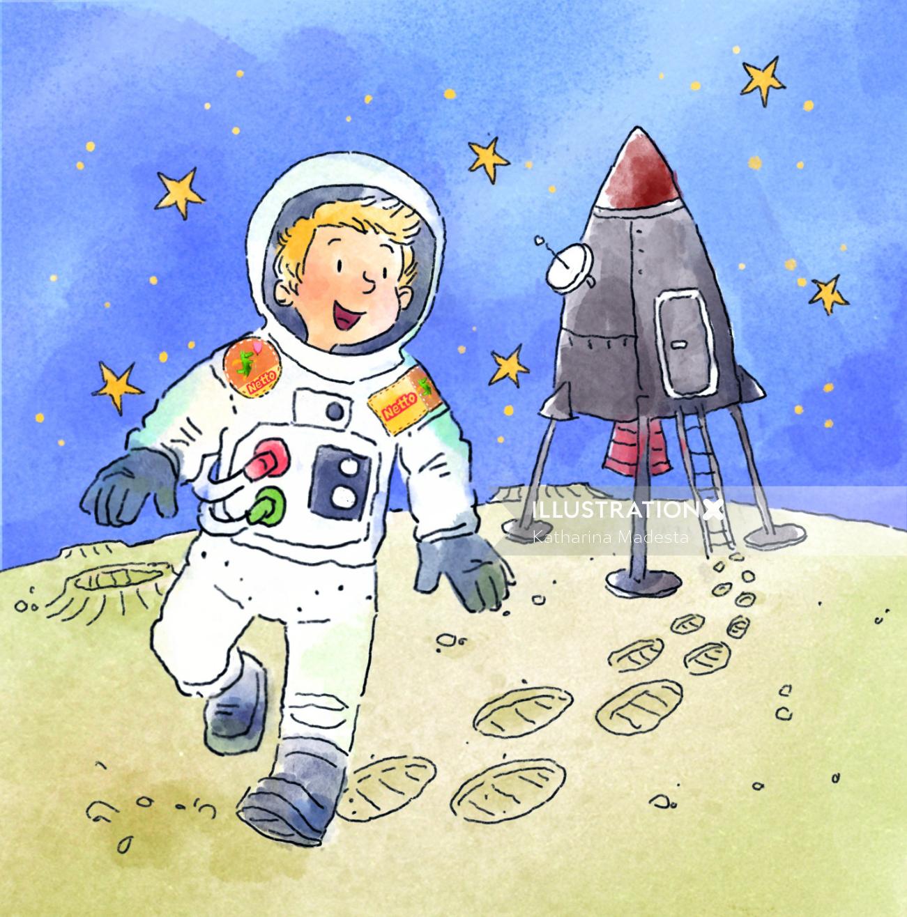 Menino astronauta de desenho animado e humor correndo na lua