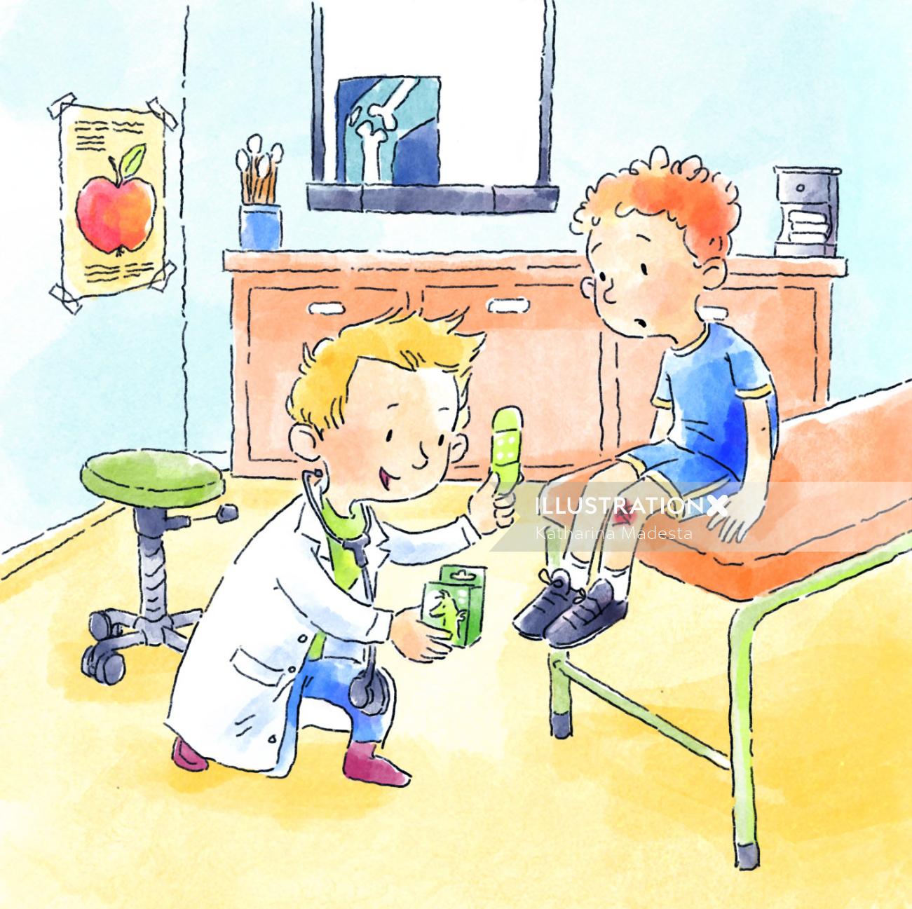 Médico de desenho animado e humor tratando de uma ferida