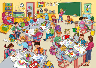 Niños de dibujos animados y humor en el aula