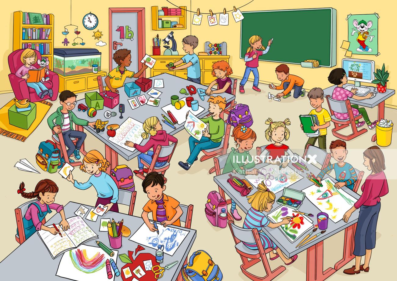 Crianças de desenho animado e humor na sala de aula