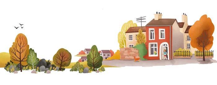 Cozy village houses with autumn trees in warm colors illustration by Katharina Madesta