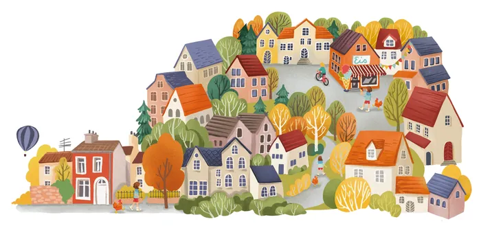 Autumn village illustration with houses, trees, and a hot air balloon by Katharina Madesta