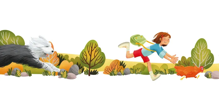 Joyful child running with playful dog in autumn landscape by Katharina Madesta