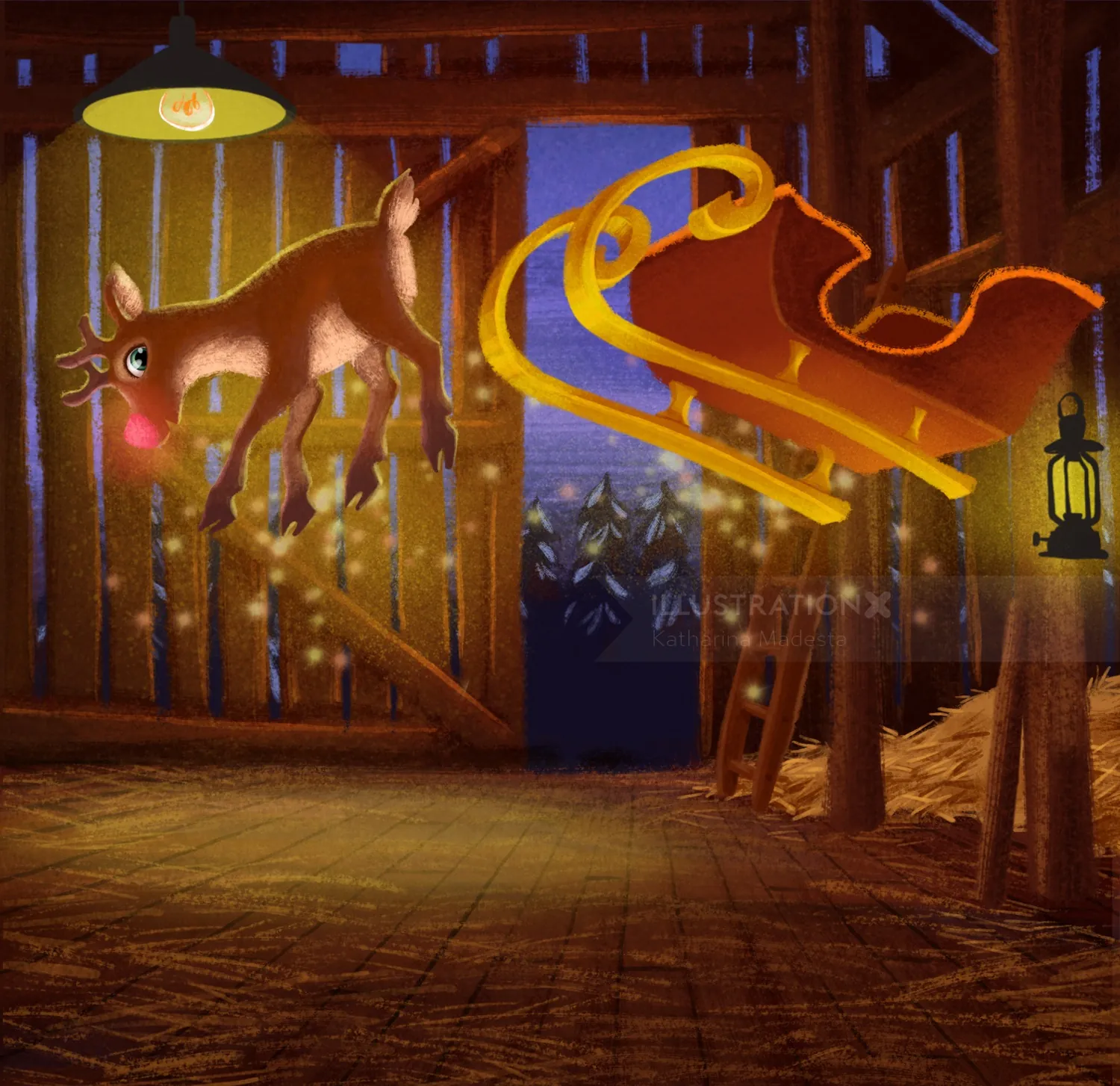 Magical reindeer flying near sleigh and lantern in barn interior by Katharina Madesta