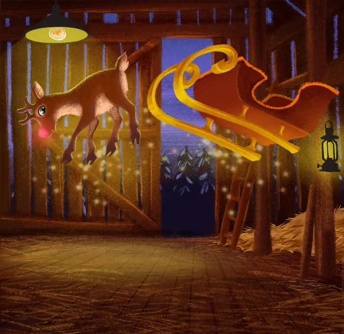 Magical reindeer flying near sleigh and lantern in barn interior by Katharina Madesta