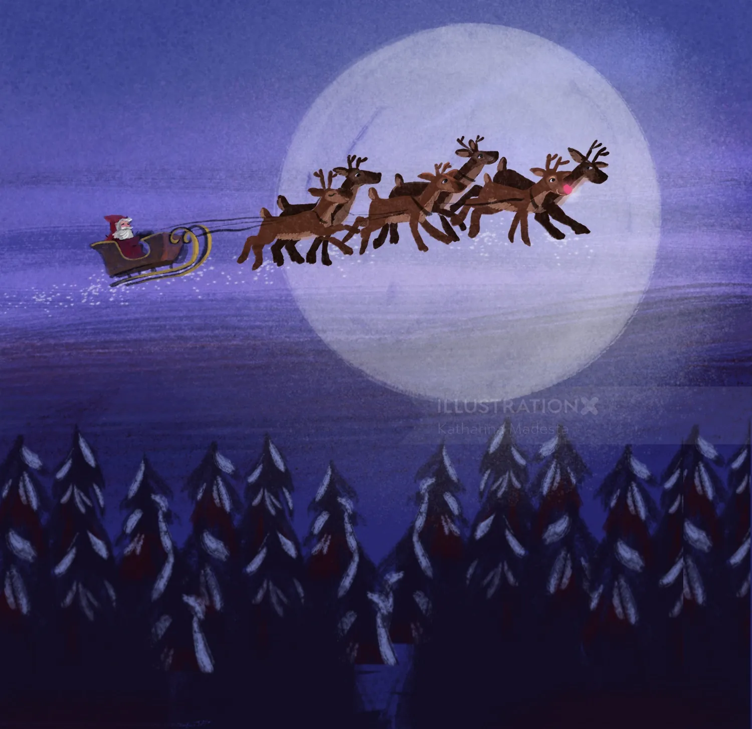 Santa Claus flying sleigh with reindeer in front of large moon by Katharina Madesta
