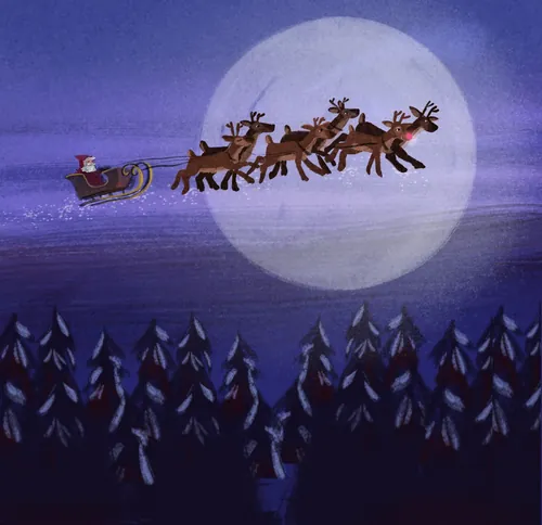 Santa Claus flying sleigh with reindeer in front of large moon by Katharina Madesta