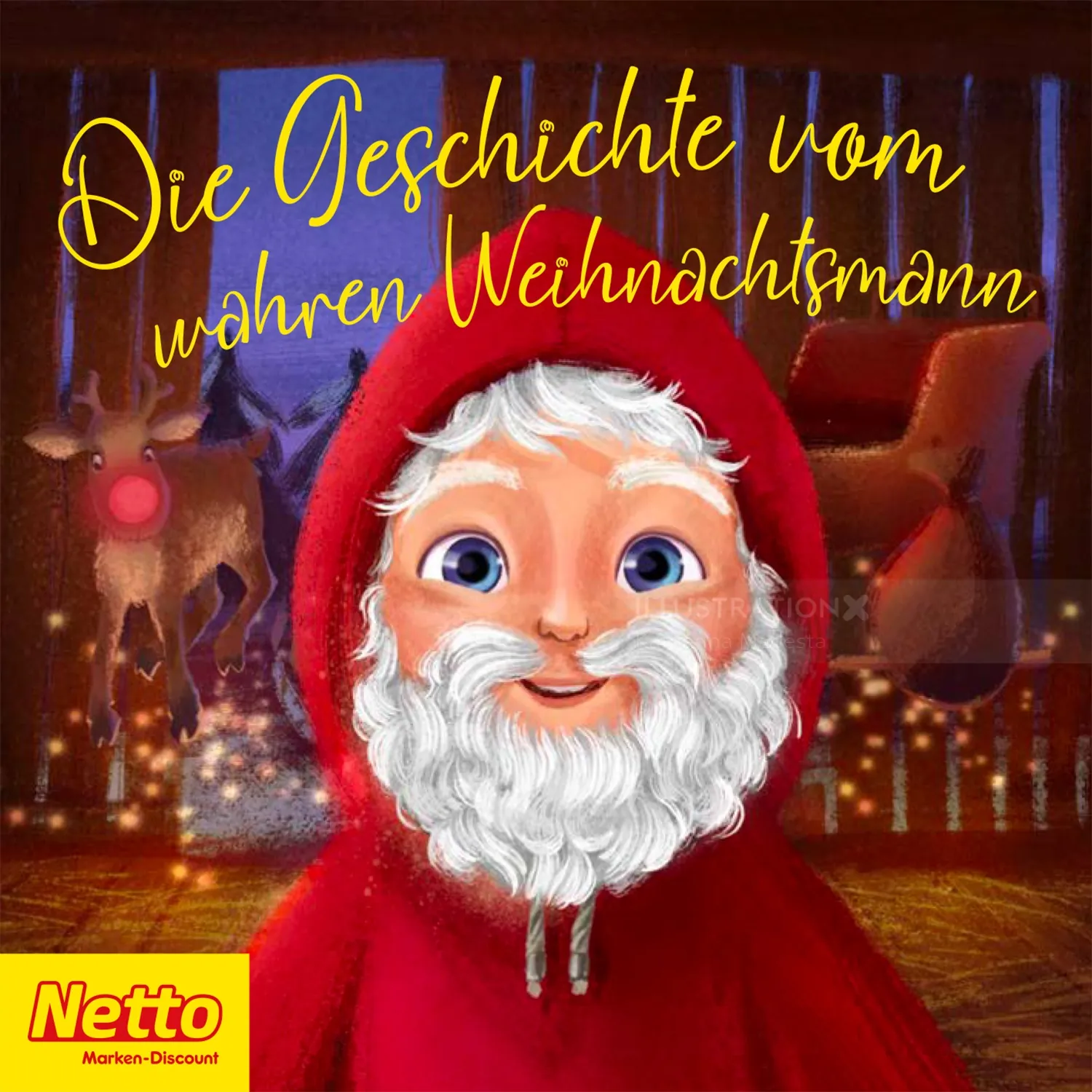 Illustration of Santa Claus with white beard and red hood by Katharina Madesta