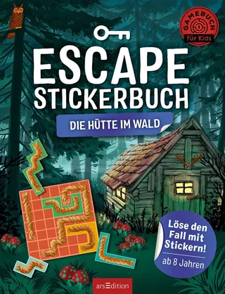 Escape Stickerbuch cover showing forest cabin and puzzle, by Katharina Madesta.