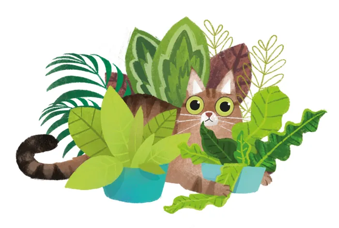 Illustration of a cat hiding behind green houseplants by Katharina Madesta