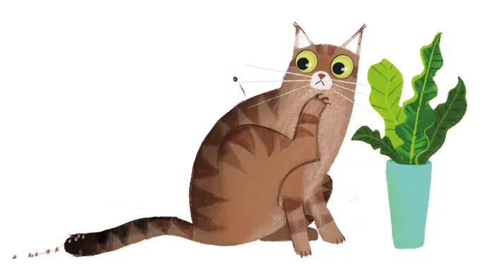 Illustration of a brown cat sitting beside a green potted plant by Katharina Madesta