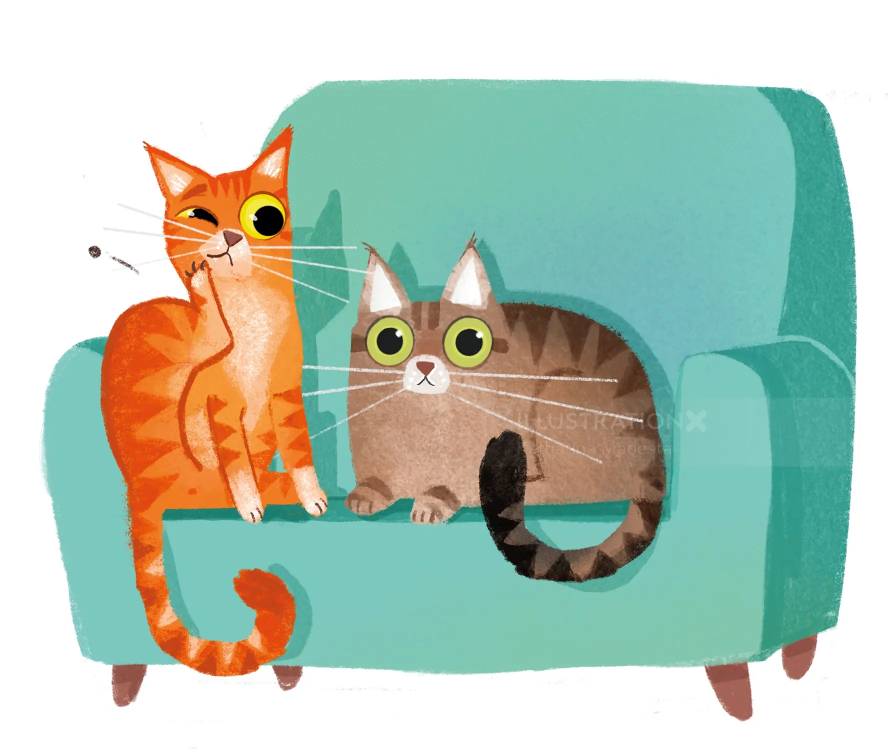 Illustration of orange and gray cats on a teal armchair by Katharina Madesta