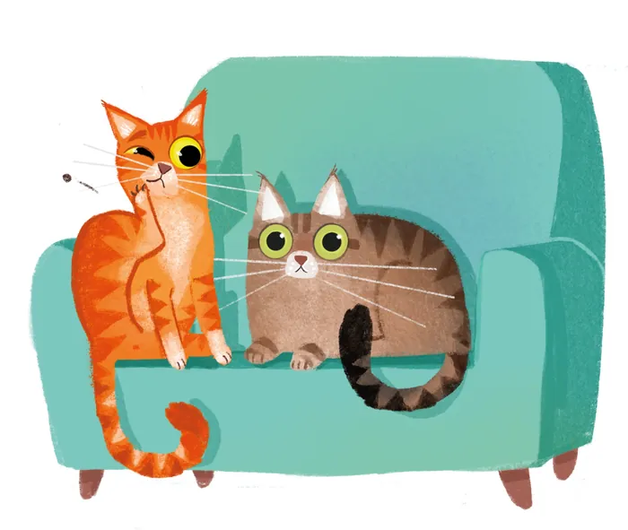 Illustration of orange and gray cats on a teal armchair by Katharina Madesta
