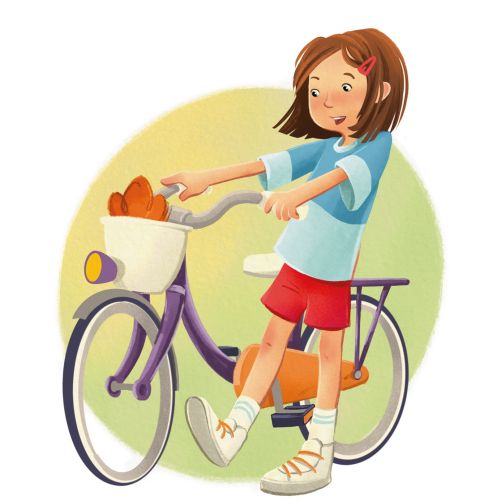 Young girl on bicycle with basket holding bread by Katharina Madesta