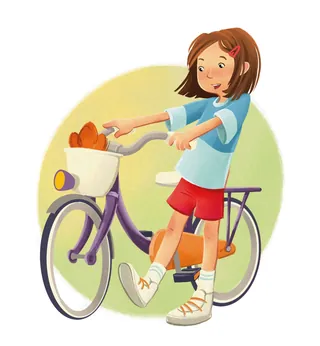 Young girl on bicycle with basket holding bread by Katharina Madesta