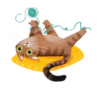 Playful brown striped cat tangled in green yarn on yellow mat, by Katharina Madesta