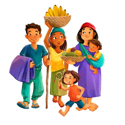 A family holding baskets of fruit with children, illustration by Katharina Madesta
