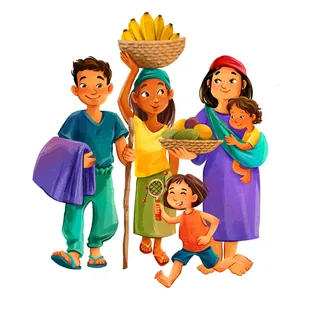 A family holding baskets of fruit with children, illustration by Katharina Madesta
