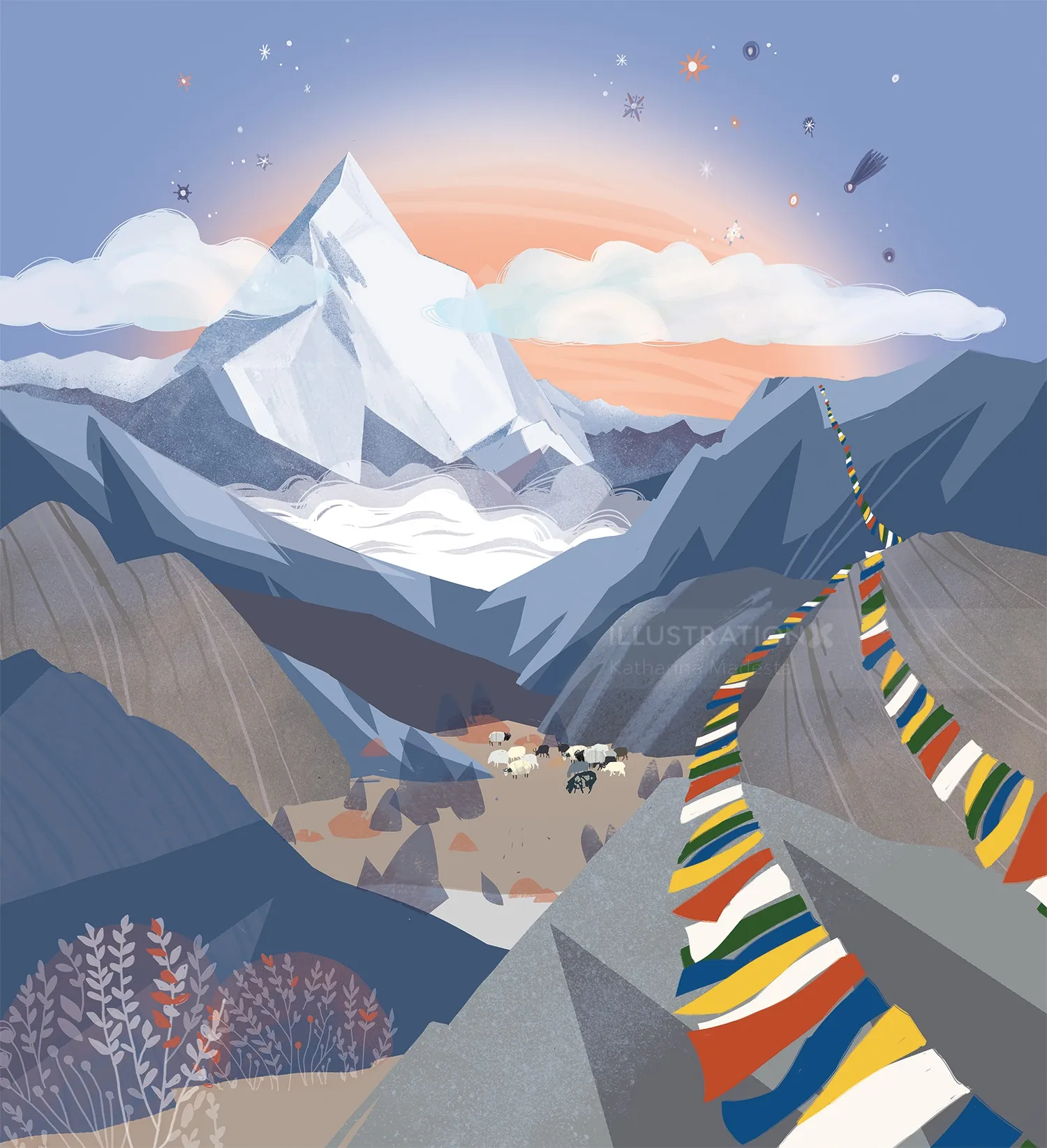 Mountain landscape with colorful prayer flags and grazing animals by Katharina Madesta