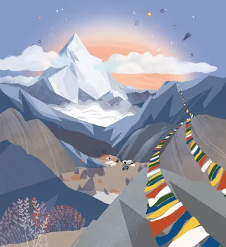 Mountain landscape with colorful prayer flags and grazing animals by Katharina Madesta