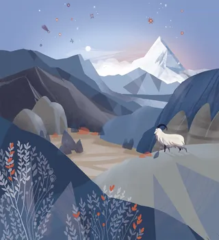 Mountain goat in rocky alpine landscape with distant peaks by Katharina Madesta