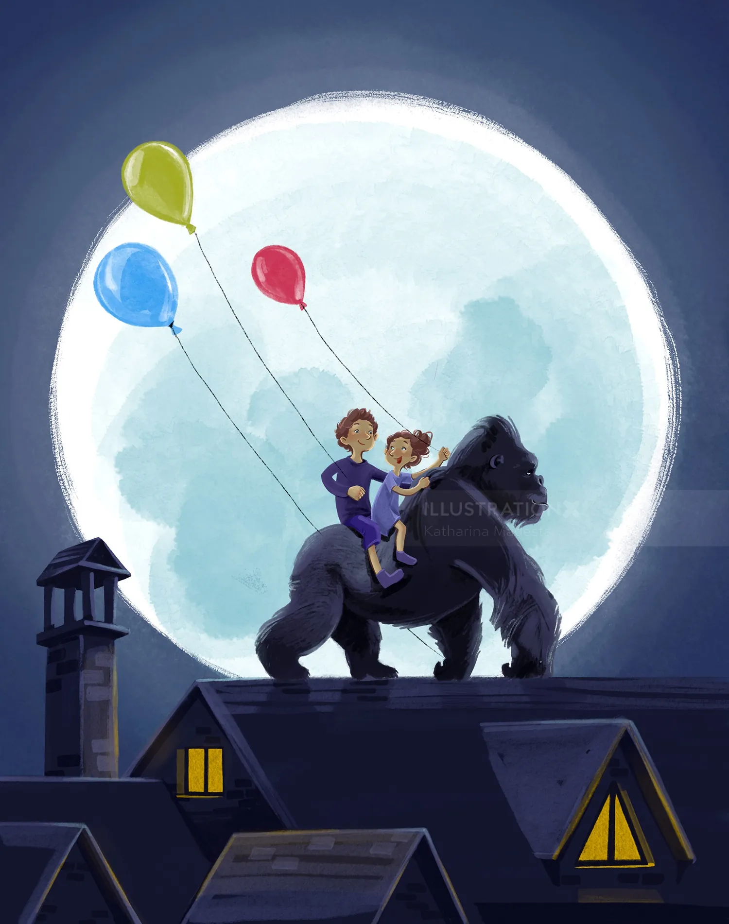 Children riding a giant gorilla on a rooftop with balloons and a glowing moon by Katharina Madesta