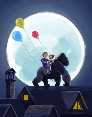 Children riding a giant gorilla on a rooftop with balloons and a glowing moon by Katharina Madesta