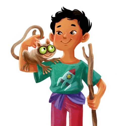 Boy holding small green-eyed animal and staff, artwork by Katharina Madesta