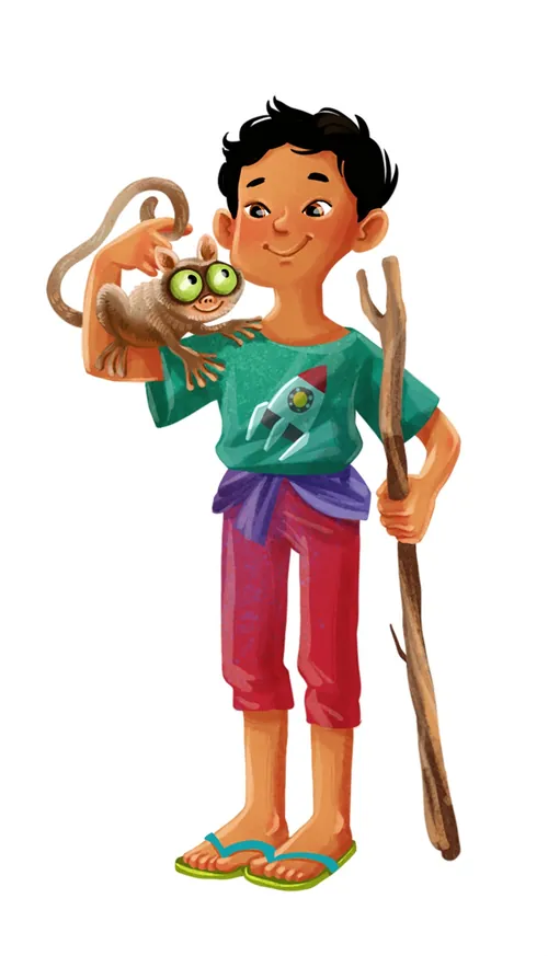 Boy holding small green-eyed animal and staff, artwork by Katharina Madesta