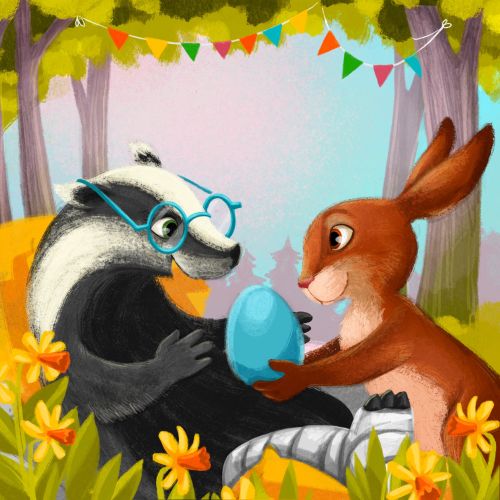 Illustration of a badger and rabbit holding a blue egg in a forest by Katharina Madesta