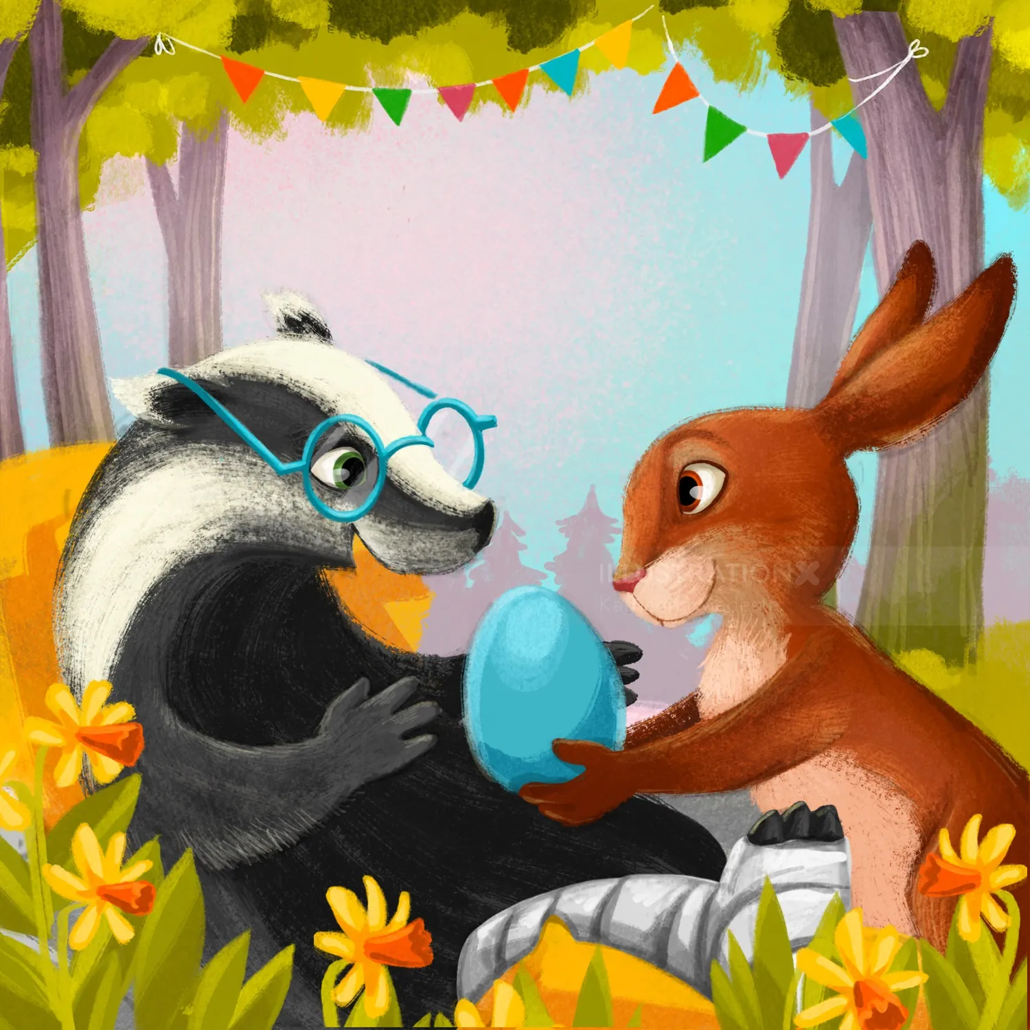 Illustration of a badger and rabbit holding a blue egg in a forest by Katharina Madesta