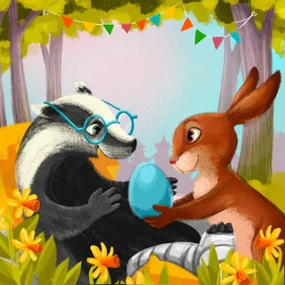 Illustration of a badger and rabbit holding a blue egg in a forest by Katharina Madesta