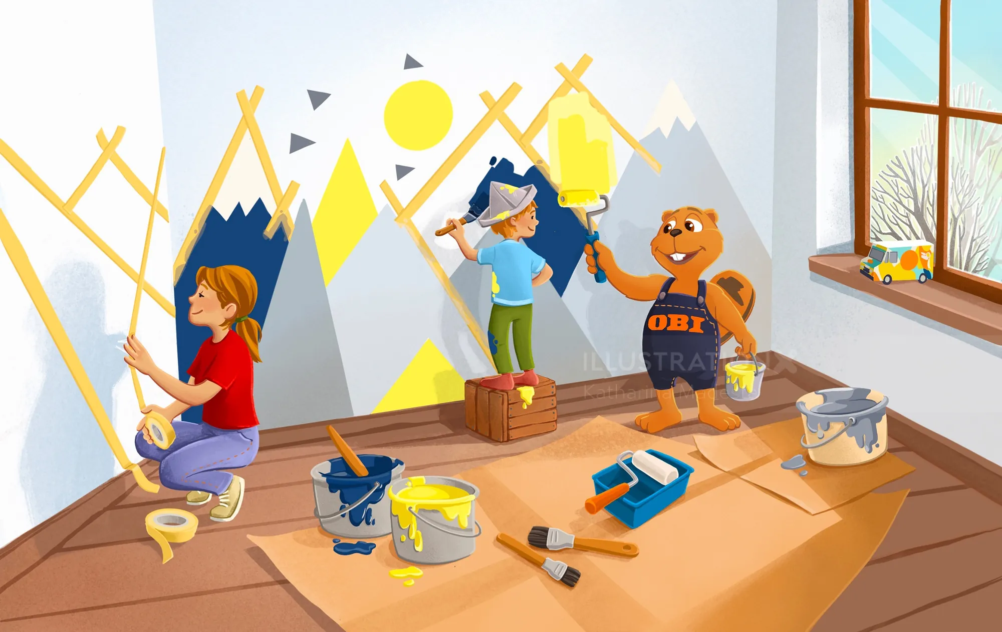 Children painting a mountain mural indoors by Katharina Madesta