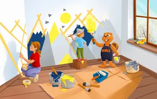 Children painting a mountain mural indoors by Katharina Madesta