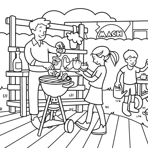 Family having a barbecue with a bear mascot character outdoors by a food truck by Katharina Madesta