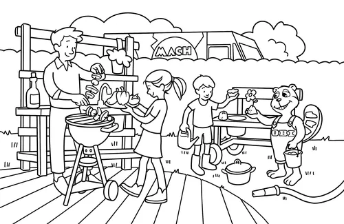 Family having a barbecue with a bear mascot character outdoors by a food truck by Katharina Madesta