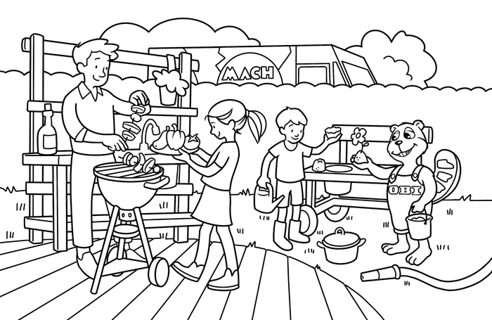 Family having a barbecue with a bear mascot character outdoors by a food truck by Katharina Madesta