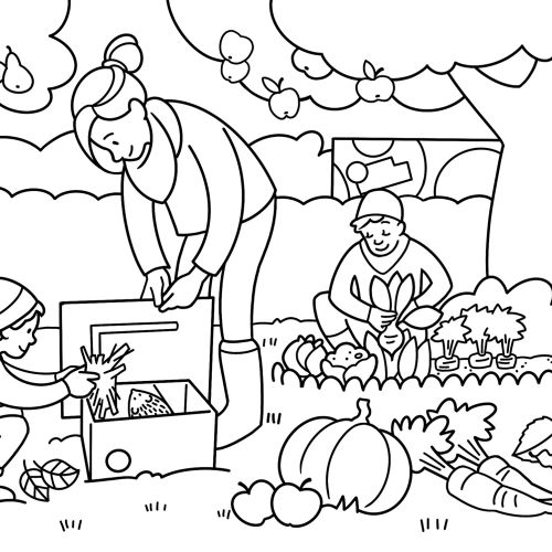 Children planting seedlings near squirrel and gardener with vegetables, coloring illustration by Kat