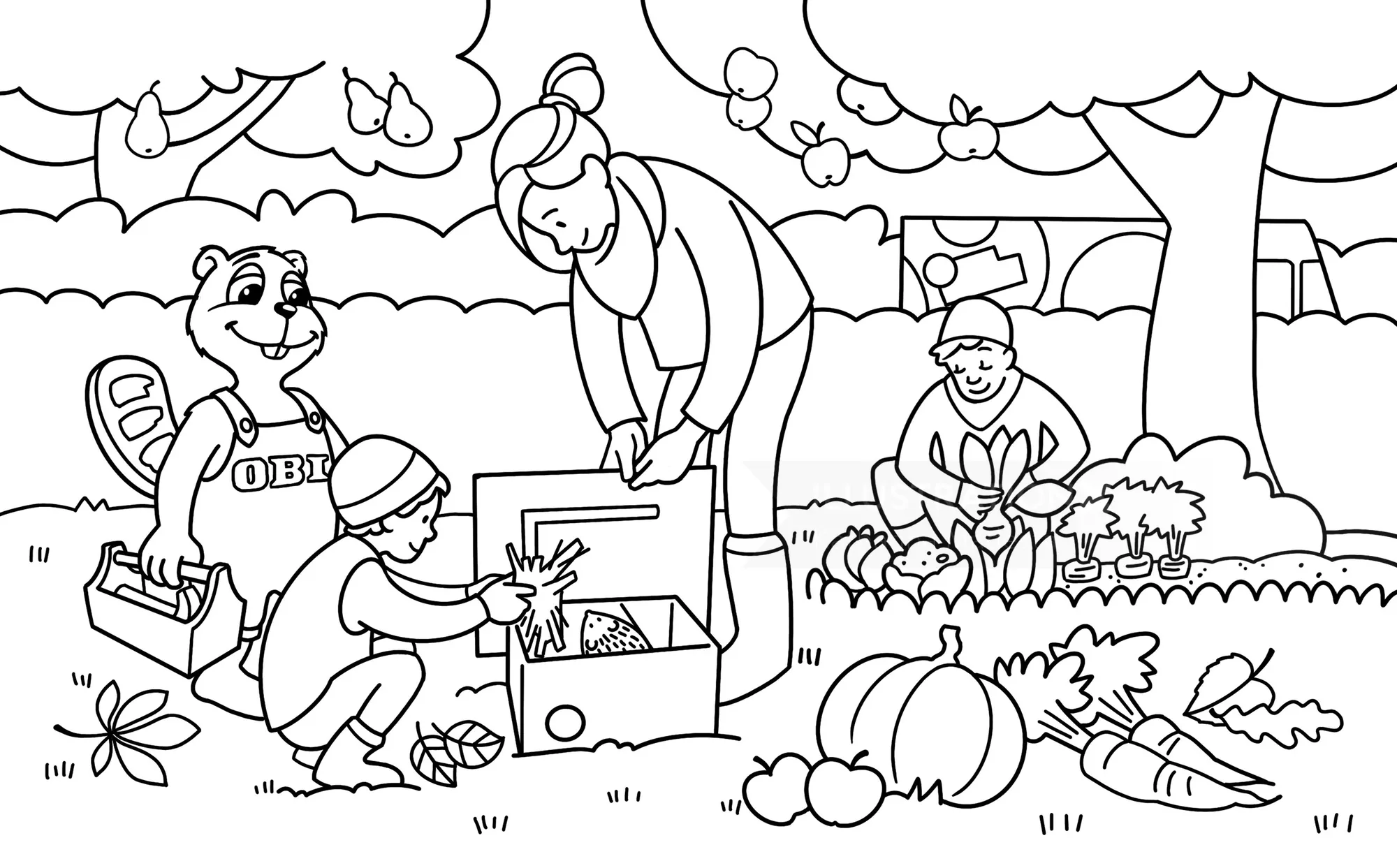 Children planting seedlings near squirrel and gardener with vegetables, coloring illustration by Kat