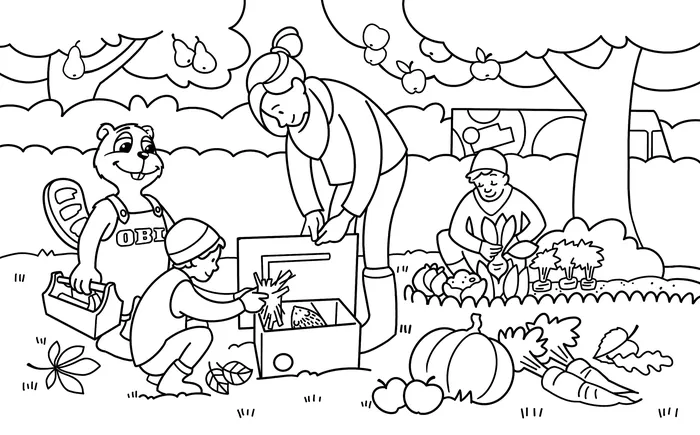 Children planting seedlings near squirrel and gardener with vegetables, coloring illustration by Kat