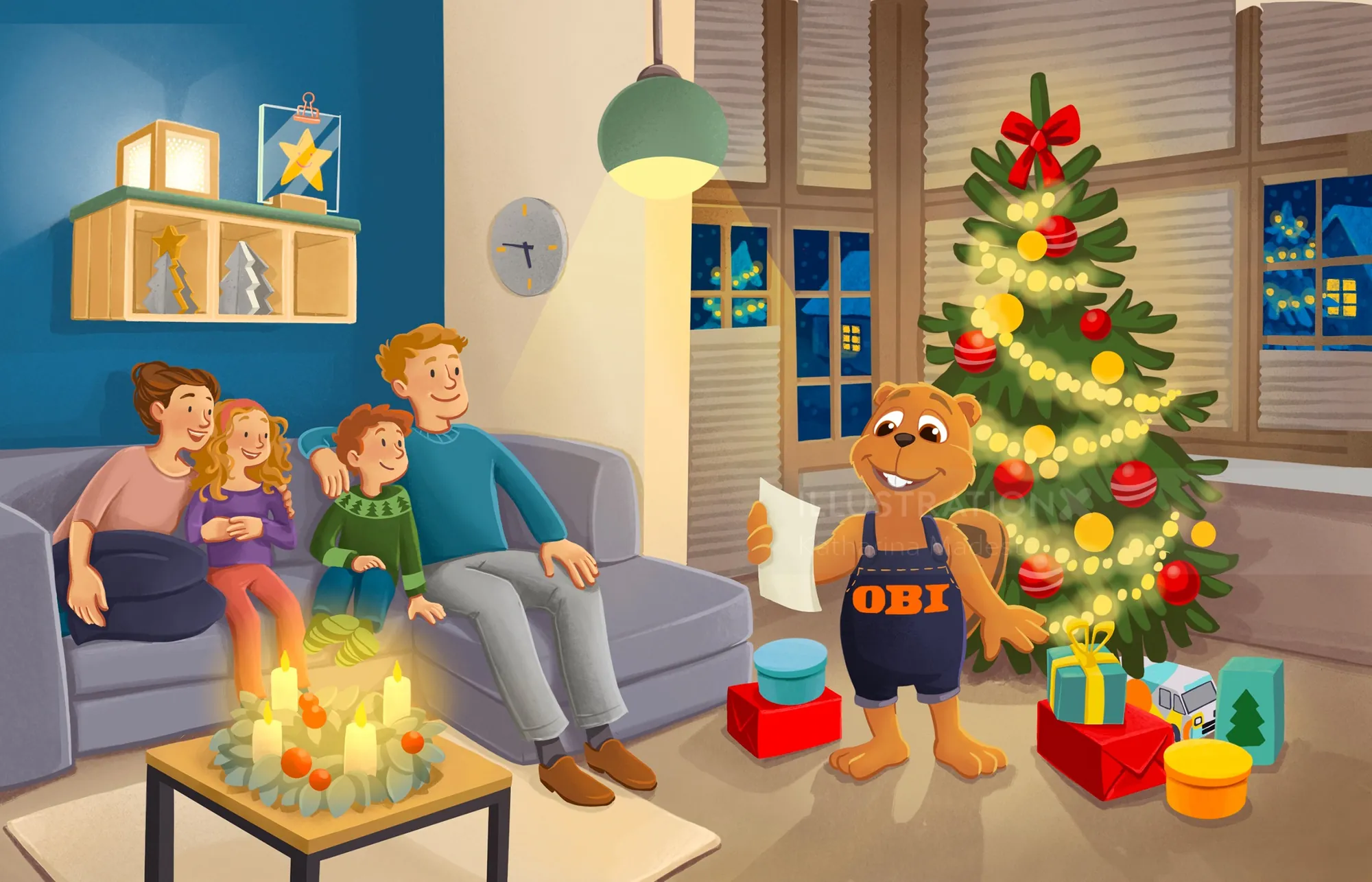 Animated family and dog by lit Christmas tree in cozy living room by Katharina Madesta
