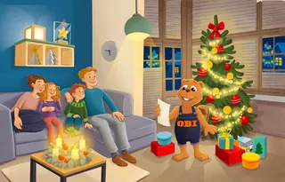Animated family and dog by lit Christmas tree in cozy living room by Katharina Madesta