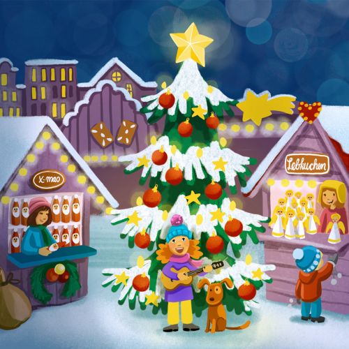 Christmas market with decorated tree, stalls, and people by Katharina Madesta