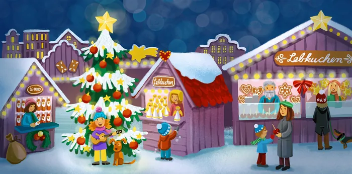 Christmas market with decorated tree, stalls, and people by Katharina Madesta