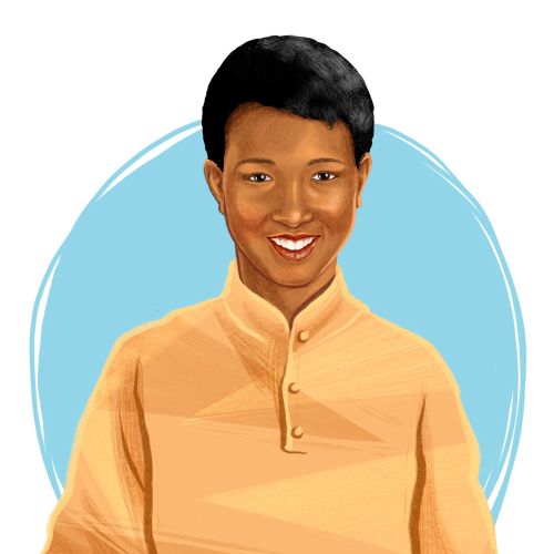 Digital portrait of a smiling woman in orange shirt by Katharina Madesta