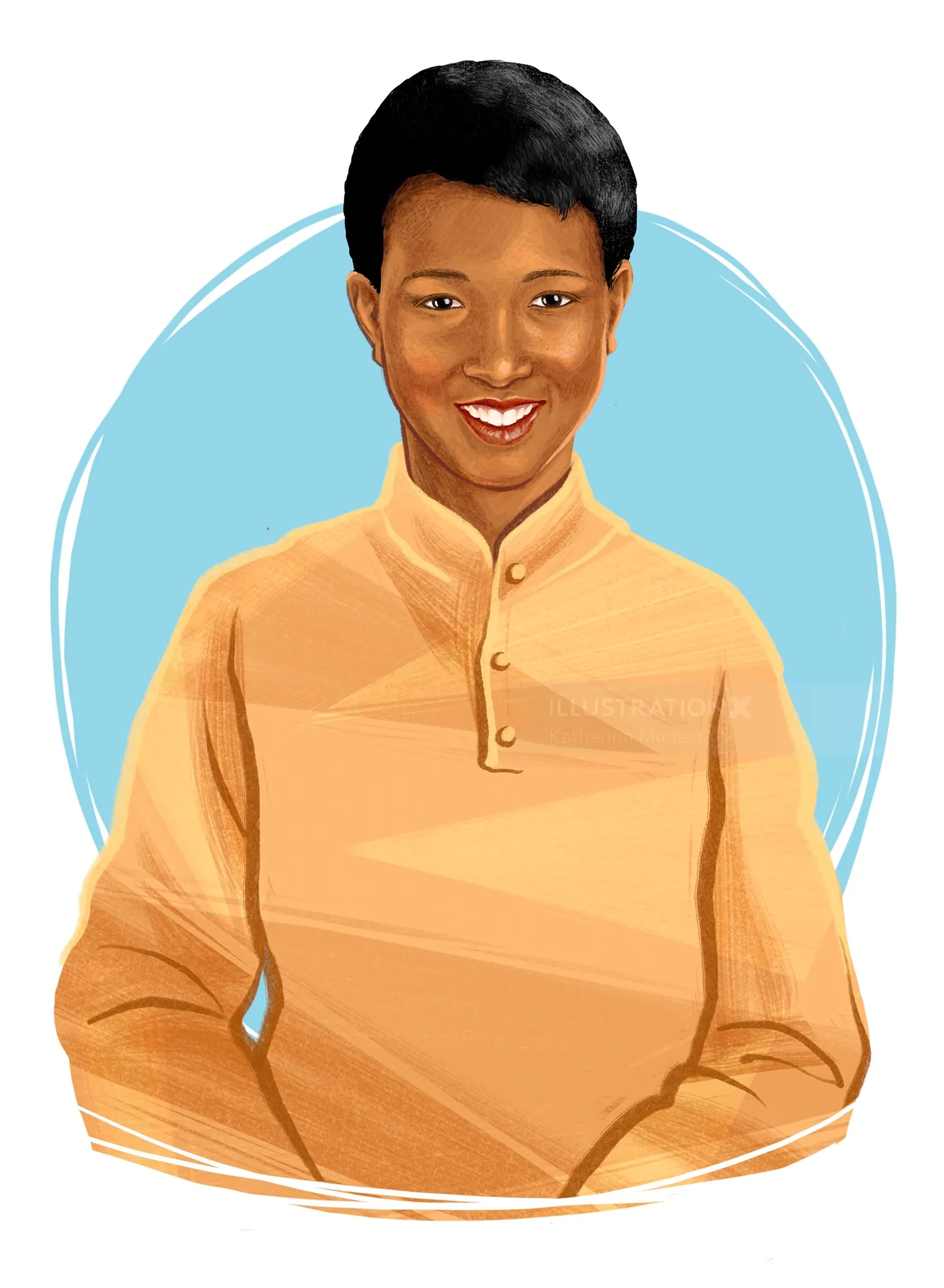 Digital portrait of a smiling woman in orange shirt by Katharina Madesta